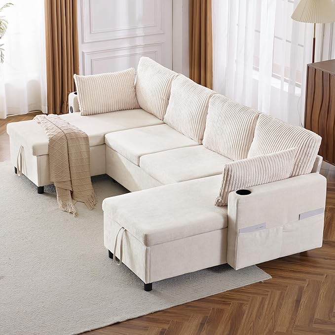 111.8 Sectional Sofa Pull-Out Sofa Bed with Double Storage Chaise Lounge Versatile Sofa Sleeper Couch with Cup Holders and USB Ports for Living Room Appartment Office (Beige-CF)