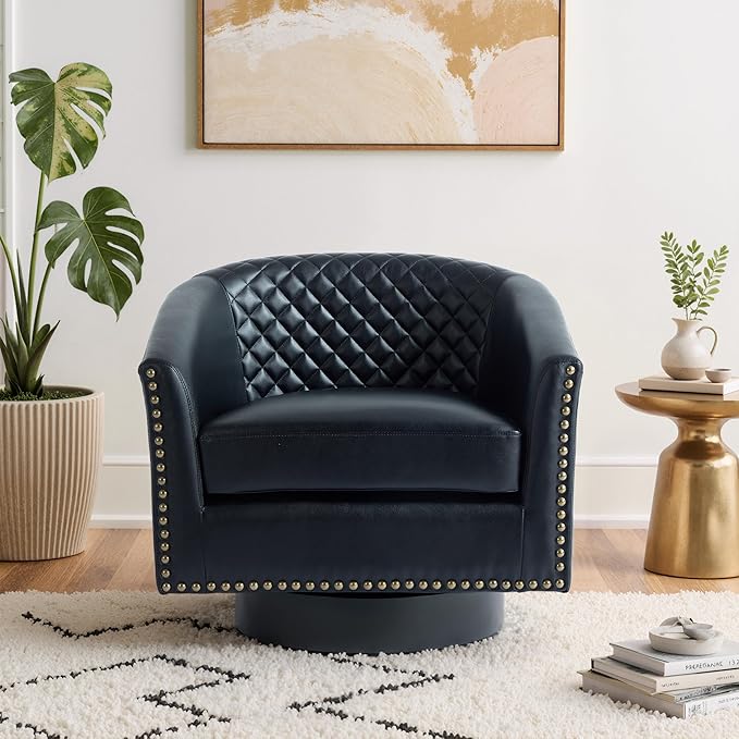 Lumibee 360° Swivel Barrel Chair Faux Leather Swivel Accent Chair with Nailhead Trim Upholstered Round Club Chair Armchair for Living Room Bedroom Black