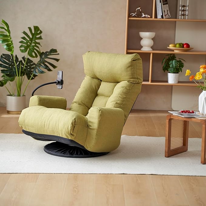 Gwen Upholstered 360° Swivel Chair Lounge Chair with Adjustable Backrest/Headrest Metal Frame Living Room Lounge Sofa and Phone Holder Comfy Bean Bag Chair Green