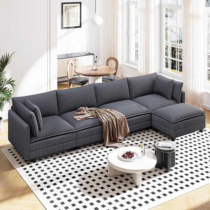 Vesgantti Sectional Sofa Comfy Corduroy Couches for Living Room Modern Couch with Ottoman Grey