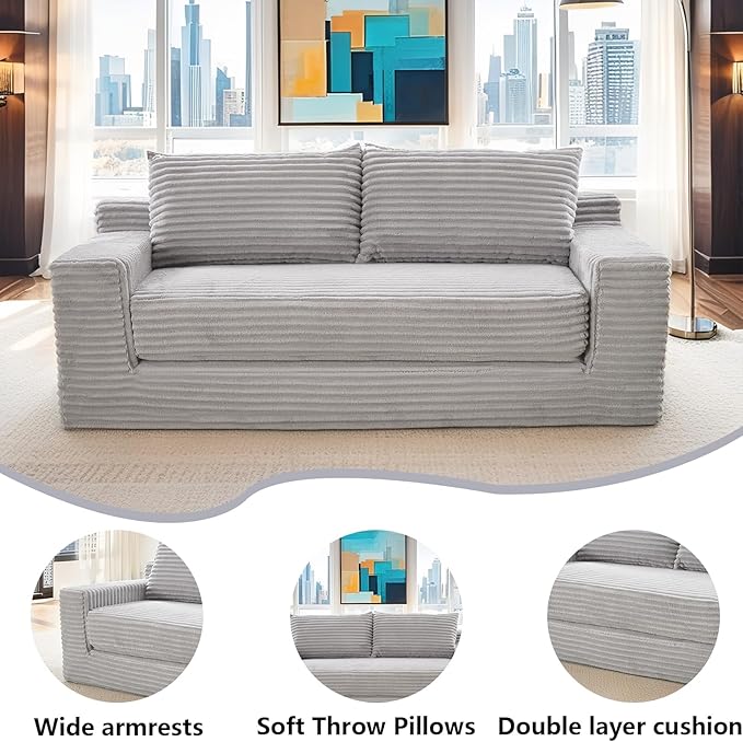 Boneless Couch 2 in 1 Convertible71 Corduroy Cloud Loveseat SofaMemory Foam Couch in a BoxNo Assembly Small Sofa for Living RoomApartments Home OfficeBedroom-Grey