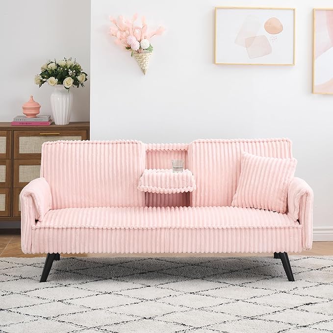 72 Modern Corduroy Sofa Bed FutonConvertible Sleeper Couch Bed with Cup Holder4 Reclining PositionsFolding Sofa Cloud Loveseat for Small Living Room Apartment Office (Pink-New)
