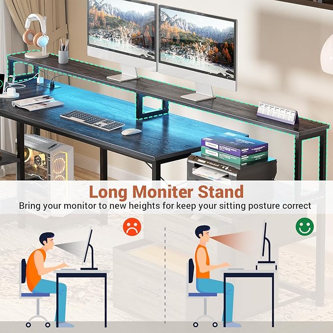 Aheaplus L Shaped Desk with File Drawer 72.8 Reversible L Shaped Computer Desk with Power Outlet &amp LED Strip Gaming Desks with Monitor Stand Corner Office Desks with Storage Shelf Grey Oak