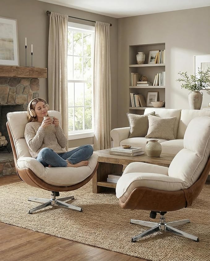 LukeAlon Linen Swivel Lounge Chair Upholstered High Back Accent Chair with Metal Base Armelss Comfy Modern Recliner Chair for Living Room Office Beige