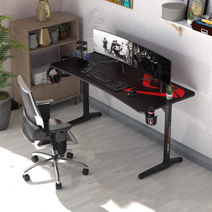 EUREKA ERGONOMIC Gaming Desk 60 inch Computer Desk with Full Mouse Pad Large Gaming Table for 3 MonitorsUSB Handle Rack Cup Holder Headphone Hook Carbon Fiber Black