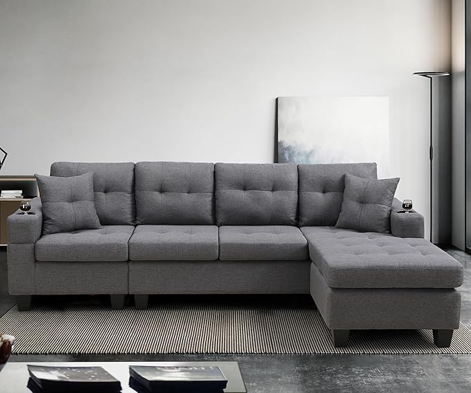 Wakefit Sectional Sofa Couch Modern 4-Seaters Living Room Furniture Sets with Reversible Chaise Lounge &amp 2 Pillows | L Shape Couch | Cup Holders | Linen Fabric Gray