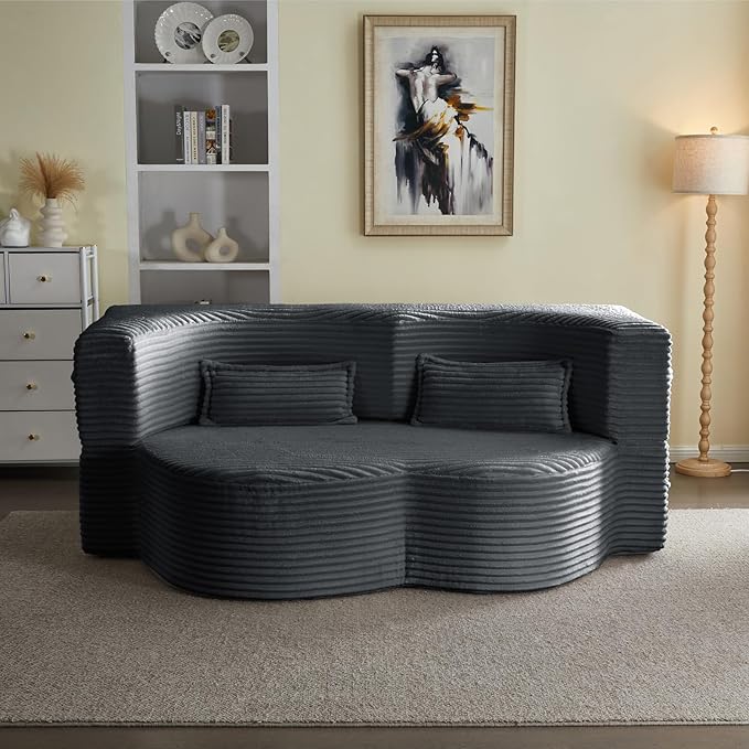 2 in 1 Convertible Folding Sofa Bed Plush Corduroy Lazy Lounge Sofabed Foam Folding Floor Sofa Bed 78 Full Size Memory Foam Couch for Living Room Guestroom No Assembly Sofabed (Dark Grey)