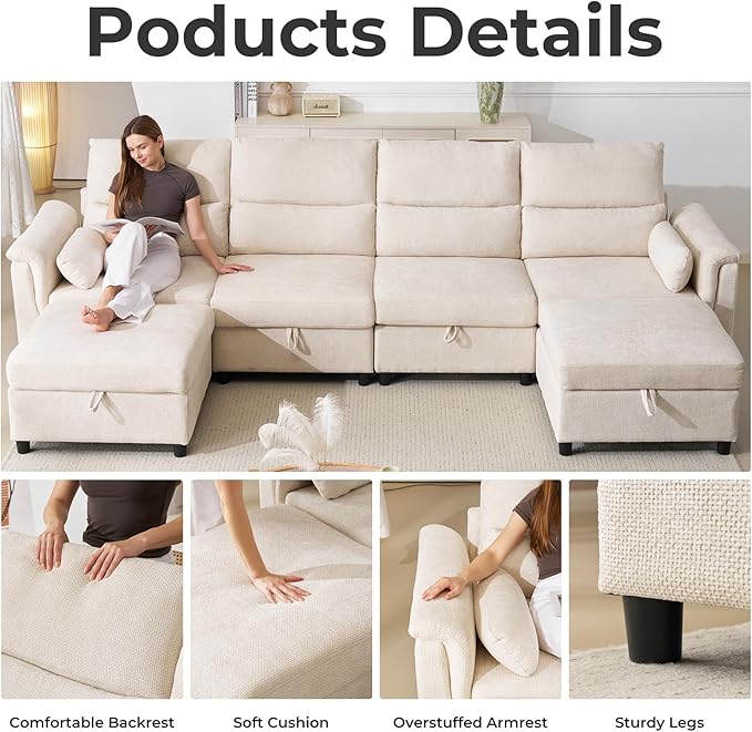 132'' Modular Sectional Sofa U Shaped Cloud Couch with Large Storage Deep Seat Sofa with Chaise 6 Seat Convertible Couches for Living Room Beige