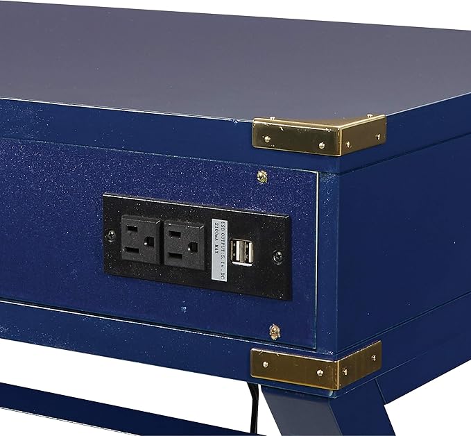 OSP Home Furnishings Wellington 46-Inch Writing Desk with Power Hub and 3 Storage Drawers Lapis Blue