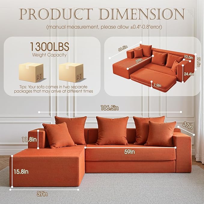 YINIX 2026 New 106 Modular Sectional Sofa High Back Cloud Couch for Living Room Comfy Fluffy Sofa with L-Shaped Chaise Upholstered Boneless Sofa Couches with Deep Seat No Assembly (Orange)