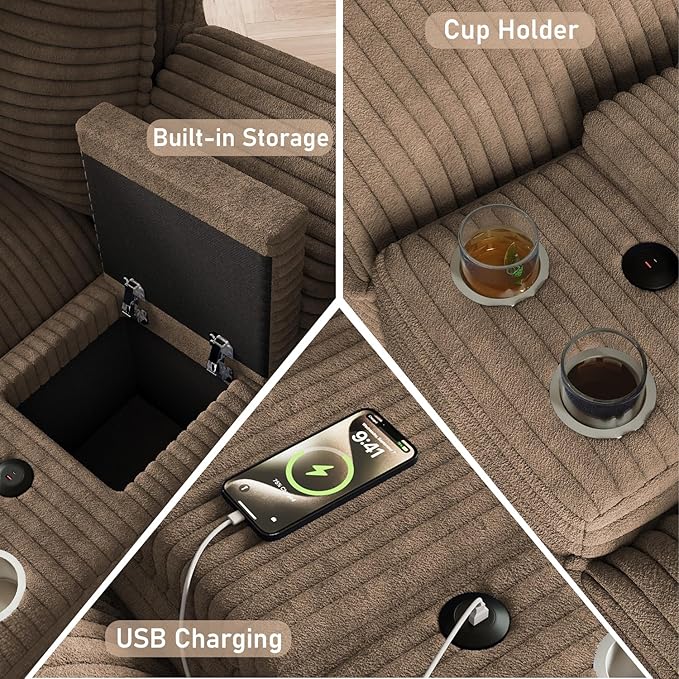 143 Oversized Modular Sectional Sofa U Shaped Cloud Couch 6 Seat Sofa Set for Living Room Comfy Corduroy Deep Seat with Storage Central Console USB Ports Cup Holders Movable Ottomans Brown