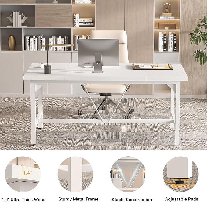Cyclysio 63 Large Computer Desk Long Office Table with Heavy Duty Metal Frame Modern Study Writing Gaming Desk for 2 Person 1.4 Thick Wood Desktop for Home Office (White 63 Inch)