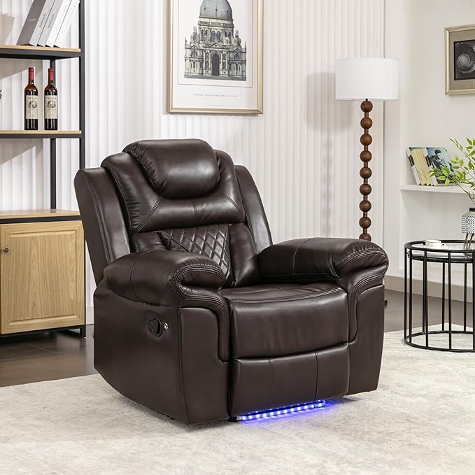 ERYE Manual Recliner Chair with LED Light Strip for Living Room Bedroom Manual Reclining Home Theater Seating Armchair Faux Leather Tufted