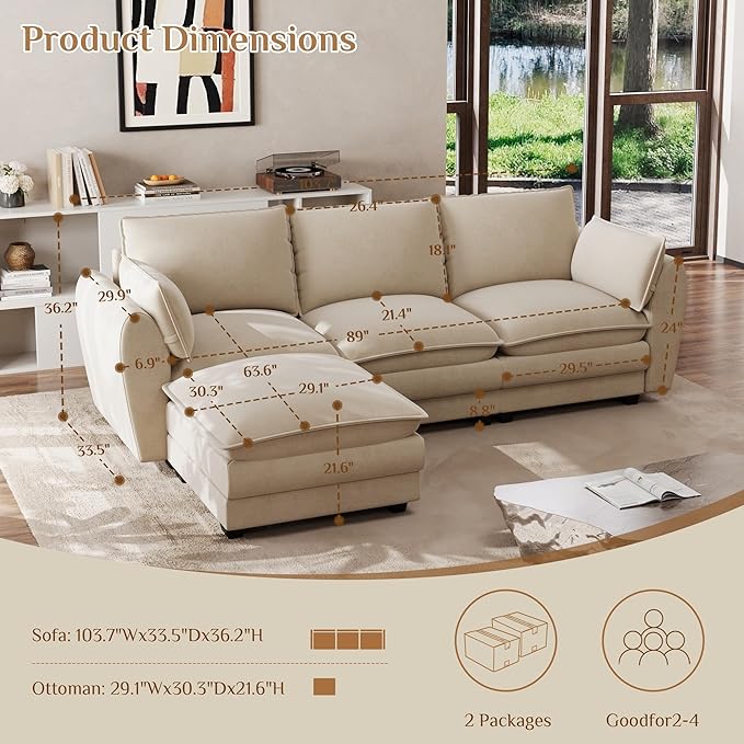 Cloud Couch Sectional Sofa 103.6 Comfy L Shape Sectional Couches for Living Room Modern Chenille 4 Seat Cloud Sofa Deep Seat Modular Couch with Movable Ottoman for ApartmentLight Brown