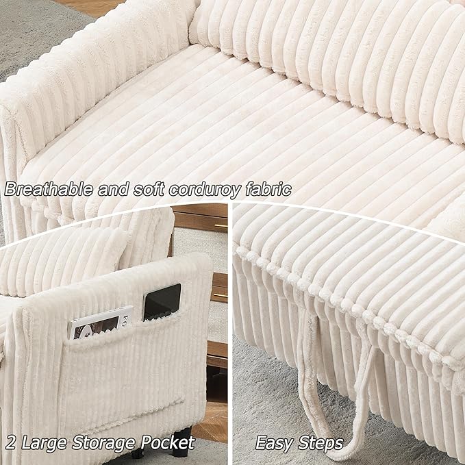 3-in-1 Convertible Sofa Chair BedPull Out Couch Single Sleeper Chair Bedwith Adjustable Backrest with Side Pockets Lounge Sofa for Living Room Bedroom Small Spaces (Beige)