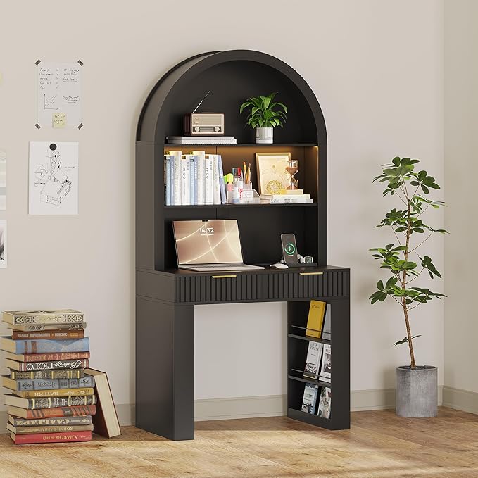 Arched Writing Desk with Hutch Home Office Desk with 2 Drawers Secretary Desk with Outlets 3 Color LED Lights Open Shelves Computer Desk for Small Space Bedroom 35.4 W x 70.8 H (Black)