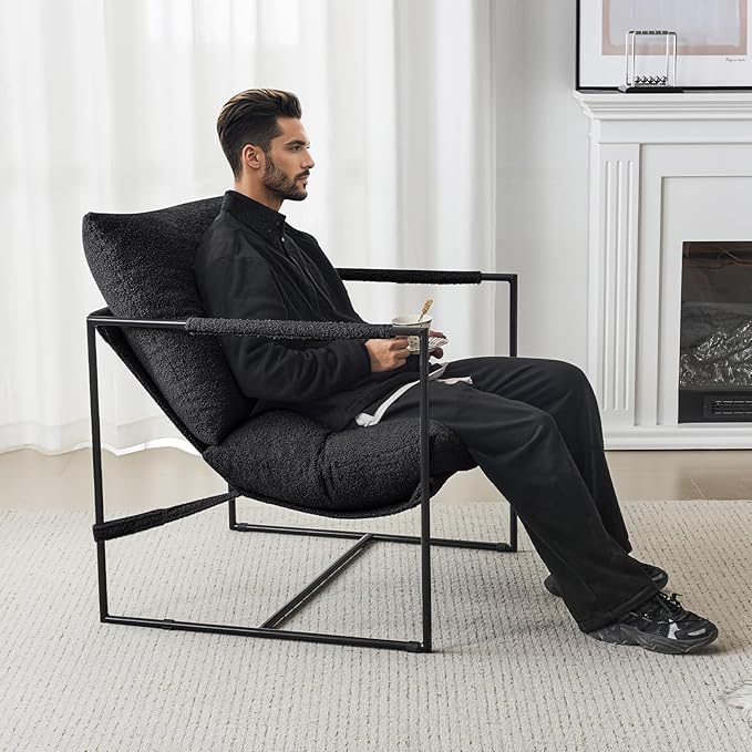 Furnilivng Large Sling Accent Chair Set of 2 Comfortable Boucle Fabric Arm Chair Upholstered Cozy Reading Chair for Living Room Bedroom Dressing Room Home Office Black