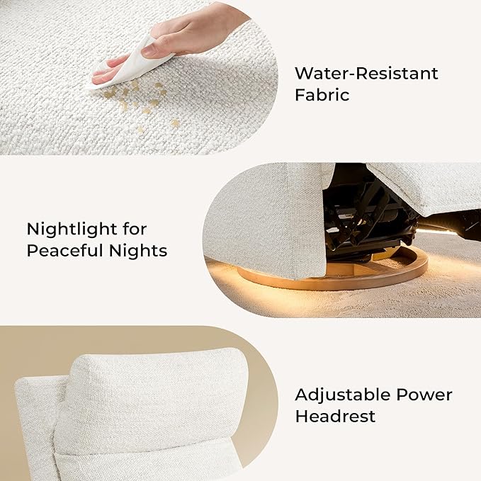 CHITA Power Swivel Glider for Adults with Nightlight Nursery Recliner Chair with Power Headrest for Living Room Bedroom Water-Resistant Boucle Fabric Boucle Fabric in Pearl