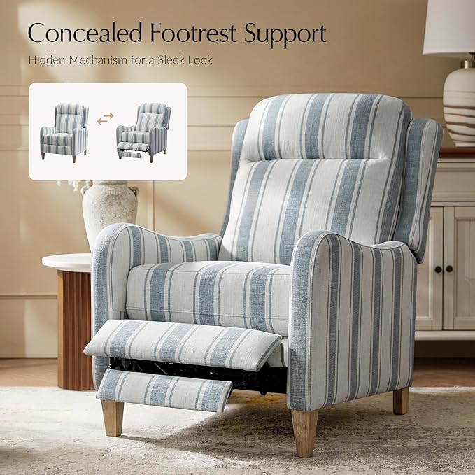 HULALA HOME Pushback Recliner Chair with Solid Wood Legs Fabric Striped Comfy Upholstered Seating with Footrest Armchair for Living Room/Reading Blue