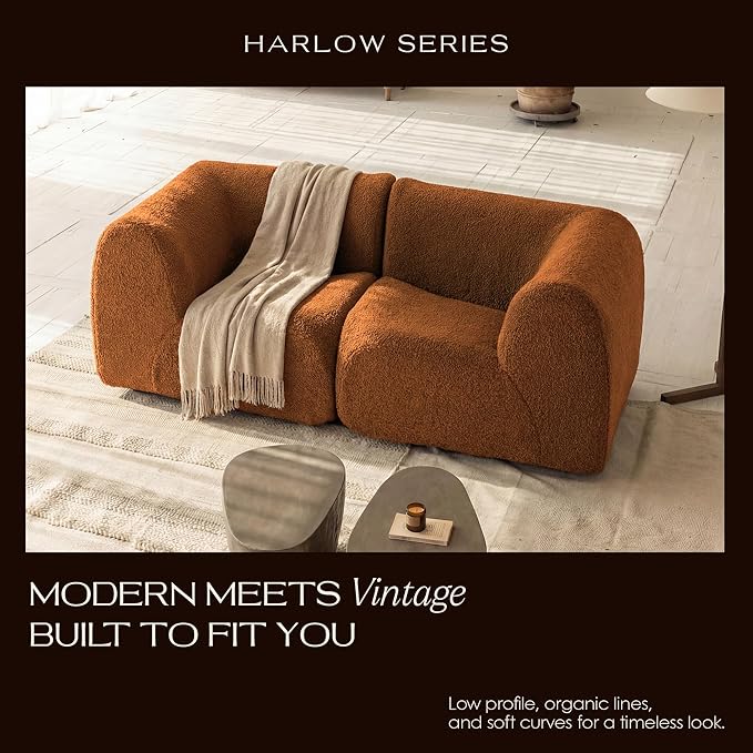 Loveseat Modular Sofa 2-Piece Sectional Curved Couches with High-Density Foam 76 Boneless Sherpa Deep Seat Couch with Armrest Cloud Soft Lounge Modern Sofas for Living Room – No Assembly Brown