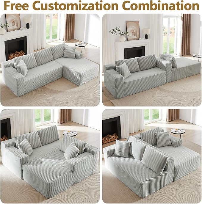 104 Cloud L Shape Couch with Chaise Modular Sectional Couches with Deep Seat Corduroy Sofas for Living Room Boneless Memory Foam Couch No Assembly (Light Grey Right Facing Chaise)