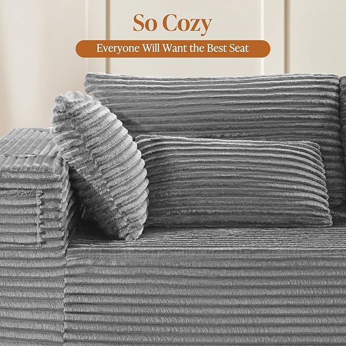 108 Cloud Modular Sectional Couch Modern Boneless Couches with Deep Seat L Shaped Sofa for Living Room No Assembly Required Corduroy (Light Grey 2 Seater+Right Facing Chaise)