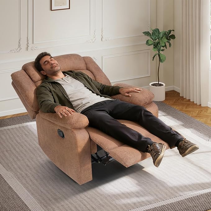 Manual Recliner Chair with Overstuffed Arm and Extra-Padded Back Breathable Fabric Reclining Chair for Adults Single Sofa for Living Room Bedroom (Chocolate)
