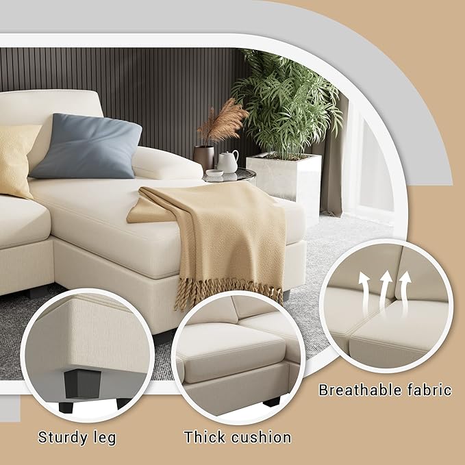 Furniwell Convertible Sectional Sofa Couch 4 Seat Sofa Set for Living Room U-Shaped Modern Fabric Modular Sofa Sleeper with Double Chaise &amp Memory Foam (Fabric White)