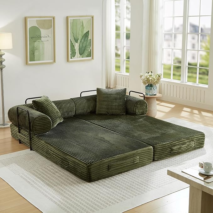 Modular Couch Bed Convertible Folding Plush Corduroy Comfy Floor Memory Foam Compression Loveseat Sleeper Sofa Couch King Size Bed for Guest Room Living Room Bedroom No Assembly Required Green
