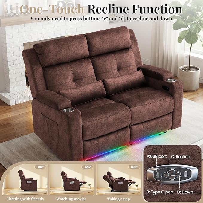 Power Reclining Loveseat Sofa Velvet Loveseat Recliner Sofa Couch with LED Light//Hidden StorageRV Wall Hugger Double Recliner for Living Room (Brown No Console) | LED Light Hidden Storage