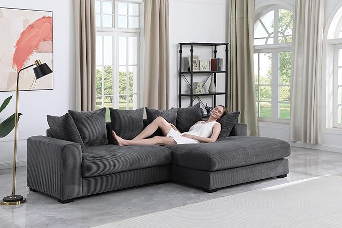 L-Shaped Corner Corduroy Sectional Sofa 4 Seat Modular Boneless Sofa Foam Cloud Couch with Movable Ottoman and Toss PillowsModern Deep Seat Convertible Chaise Sofa