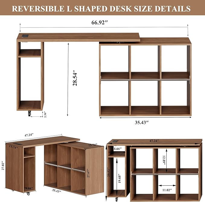 BLANKSPACE L-Shaped Computer Desk with 360° Swivel Desktop &amp 6 Open Shelves Corner Desk - Rotating Home Office Desk Yili Walnut