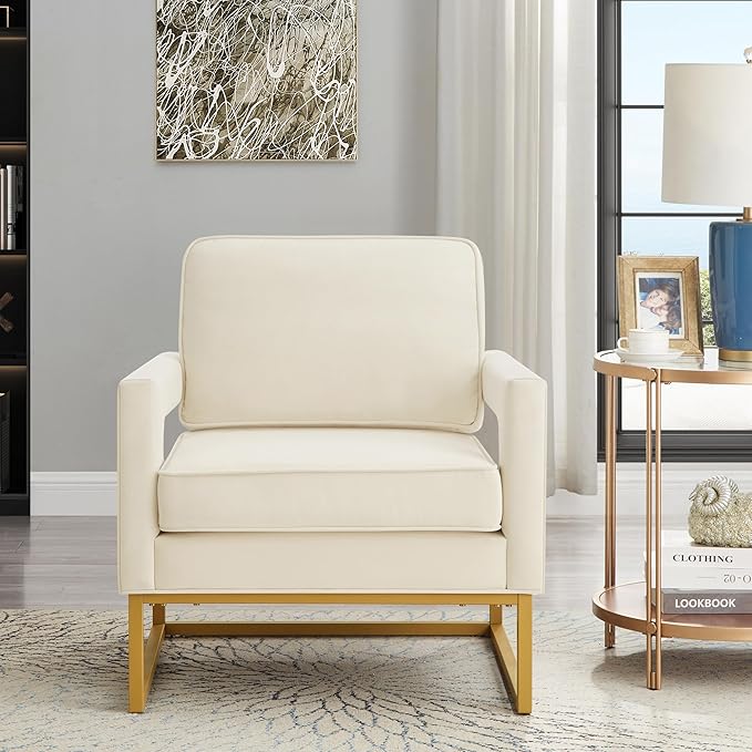 Accent Chair Modern Velvet Upholstered Leisure Chair Sofa Chair Style Accent Chair with Gold Metal Base for Living Room/Bedroom/Study/Home Office (Cream)