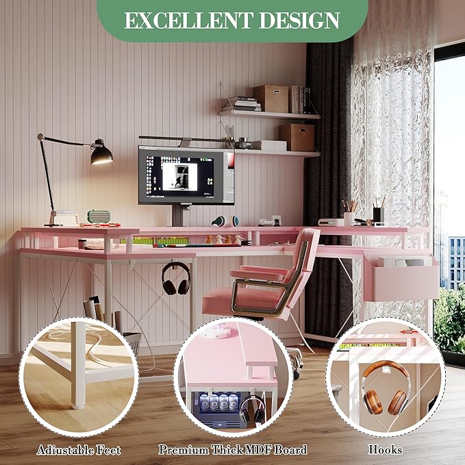 78 Inch Large Computer Desk with Power Outlets &amp USB Ports u Shaped Corner Desk with RGB LED Lights Monitor Stand &amp Storage for Home and Office Pink