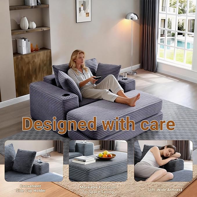 53 Oversized Chaise Lounge Chair Indoor Modular 3-in-1 Corduroy Boneless Chair Cloud-Like Cozy Comfy Sofa Bed Sleeper Couch for Reading Living Room Bedroom Grey