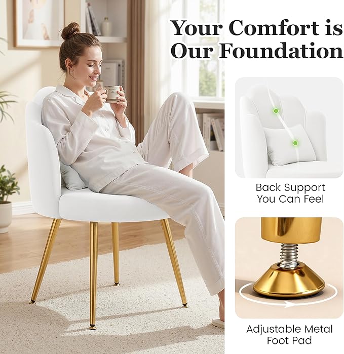 Petal Makeup Vanity Chair with Back Flower Chair Comfy No Wheels for Girls Women Makeup Chair with Golden Metal Legs &amp Lumbar Pillow for Living Room/Makeup Room/Bedroom/Home Office - White