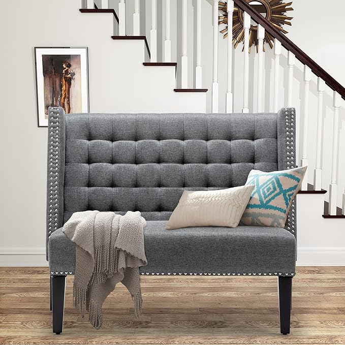 Tongli 46 Small Modern Loveseat Settee Sofa 2-Seat Sofa Couch Tufted Love Seat Dining Bench with Nail Head Trim Back Banquette Sofas for Living Room Small Space Entryway Hallway Slate