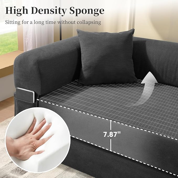 KBQ 3-Seat Convertible Sleeper Sofa Bed with 2 Pillows Corduroy Folding Mattress Couch Floor Sofa Lounge Couch for Living Room Bedroom Lounge Studio Deep Gray