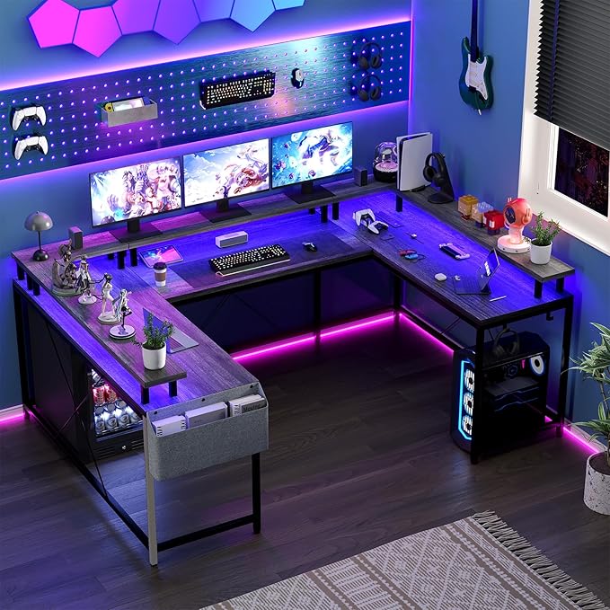 78 Inch Large Computer Desk with Power Outlets &amp USB Ports u Shaped Corner Desk with RGB LED Lights Monitor Stand &amp Storage for Home and OfficeGray