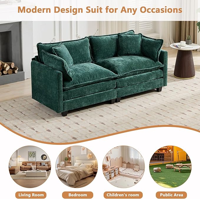 Setawix Modern Modular Sectional Sofa 78 Upholstered Chenille Loveseat Comfy 2-Seater Sofa Oversized Deep Seat Fluffy Cloud Couch with 2 Throw and Arm Pillows for Living Room Bedroom Office Green