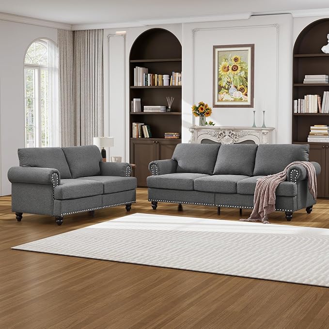 Antetek 59.5-inch Loveseat Couch with Storage Mid Century Chesterfield Linen Fabric Vintage Retro Classic Sofa Couch with Nailhead Trim &amp Rolled Armrests for Living Room Bedroom Office Grey