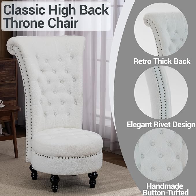 High Back Throne Royal Chair Set of 2 Velvet Armless Accent Chairs with Storage Nailhead Trim Solid Rubberwood Legs for Living Room Bedroom White