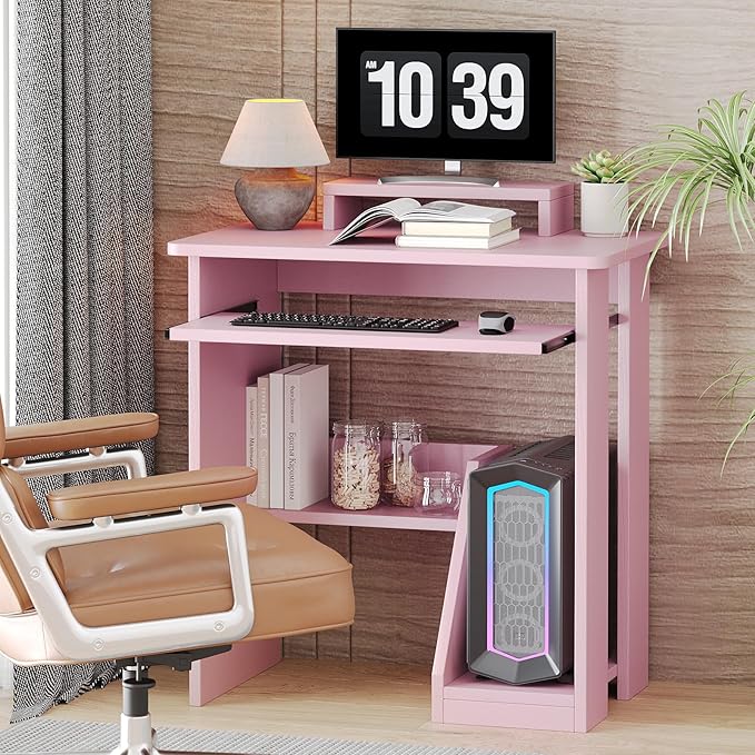 30 Inch Gaming Desk Computer Desk with Keyboard Tray Monitor Stand Storage Shelves CPU Stand Industrial Small Desk for Small Spaces Home Office Desk Pink