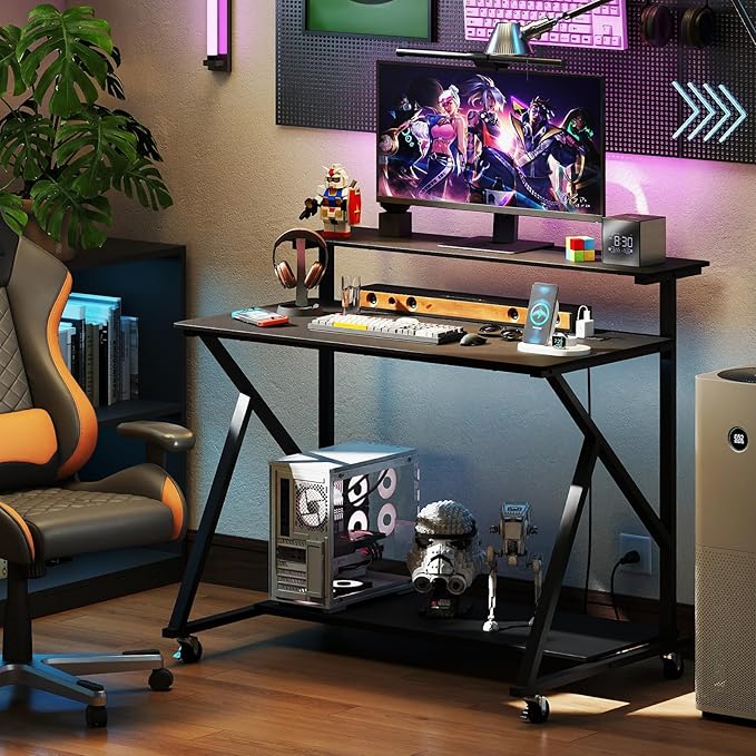 Tangkula 39.5 Mobile Computer Desk with Power Outlets Rolling Laptop Workstation with Monitor Stand &amp Storage Shelf Gaming Writing Desk with Lockable Wheels for Home Office Bedroom (Black)