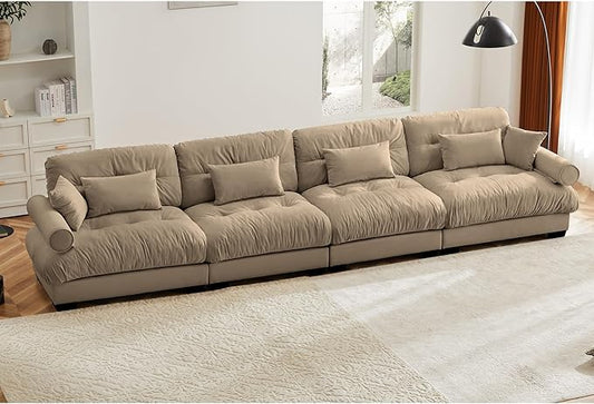 166 Oversized Modular Sectional Sofa 4-Seater Cloud Couch with Pillows Deep Seat Velvet Modular Sectional Sofa with Overstuffed Cushions for Living Room Home Theater Apartment Camel