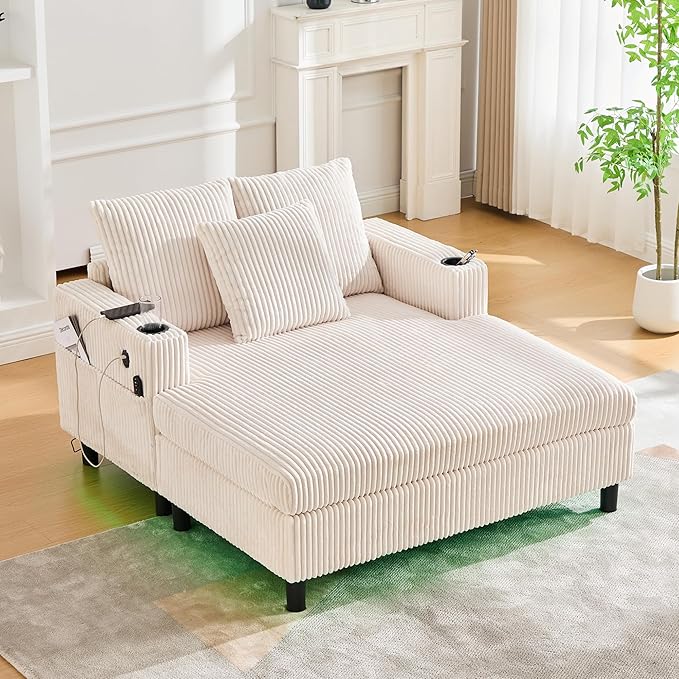 SLEERWAY Modern Corduroy Chaise Lounge Sofa Indoor - 55.9 Comfy Oversized Couch Bed with USB Ports Cup Holder Side Pocket Lights 3 Throw Pillows Lazy Recliner Chairs Living Room (Beige)