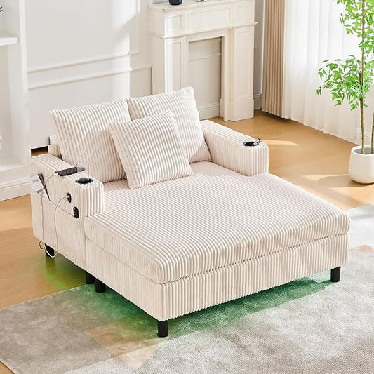 SLEERWAY Modern Corduroy Chaise Lounge Sofa Indoor - 55.9 Comfy Oversized Couch Bed with USB Ports Cup Holder Side Pocket Lights 3 Throw Pillows Lazy Recliner Chairs Living Room (Beige)