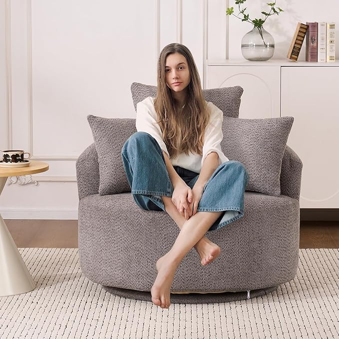 Oversized Swivel Accent Barrel Chair Comfy Deep Seat Round Single Sofa with Pillows Oversized Swivel Round Armchair Full Sponge Compression Chair for Living Room Bedroom (Grey 38 inch)