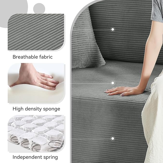 83 Sofa in a Box 3 Seater Couch No Assembly Boneless Sofa Bed with Cushion Back 2 Pillows Deep Seat Corduroy Fabric Side Storage Pockets for Living Room Bedroom Apartment Office Light Grey