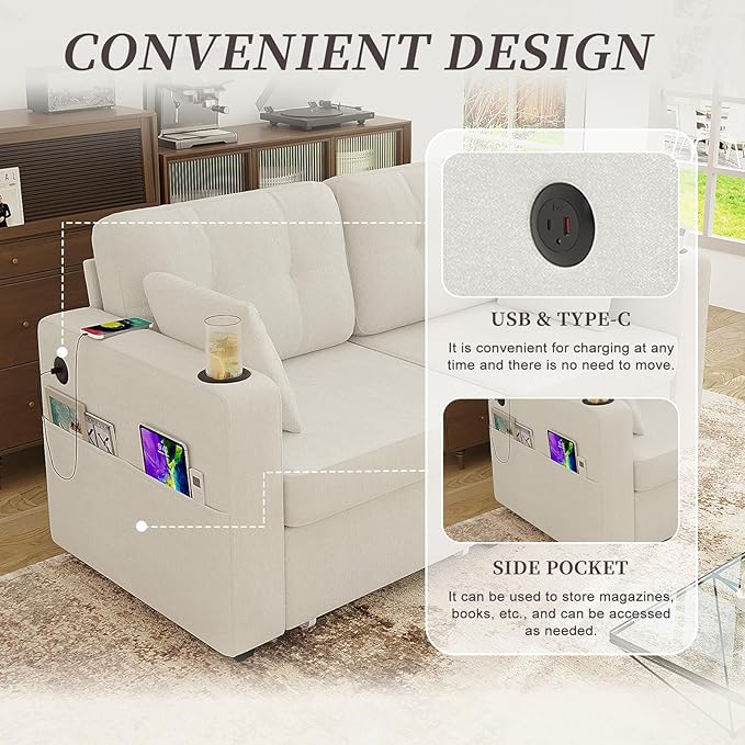 67 Small Loveseat Couch with Storage USB Charging and Cup Holder Space Saving Furniture Modern Chenille Love Seat Sofa Small Couches for Small Spaces Bedroom Apartment Beige